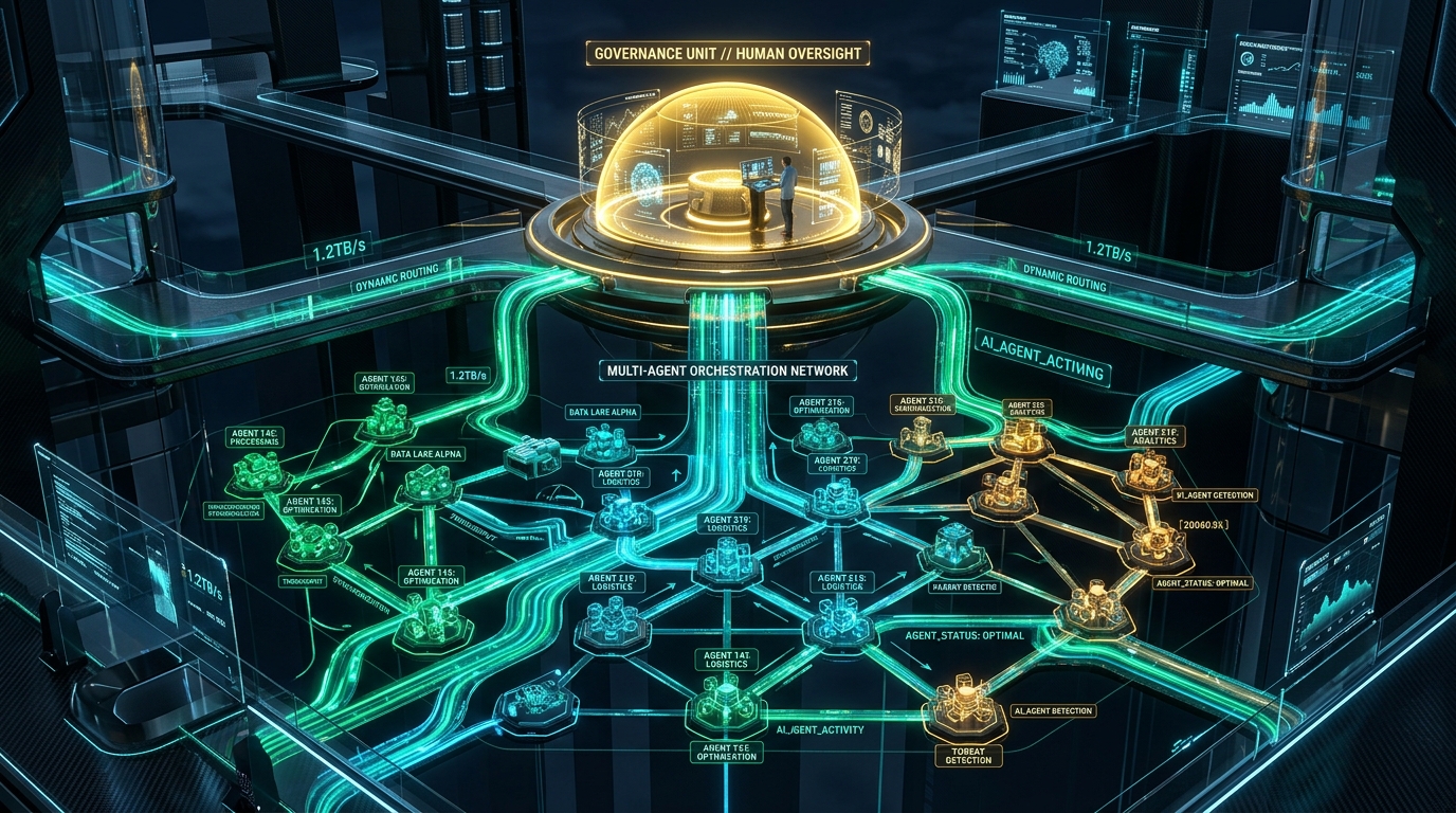 Architectural visualization of multi-agent autonomous artificial intelligence orchestration with central human-in-the-loop governance
