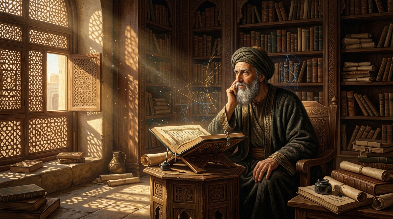 Classical Islamic scholar in an illuminated library in deep reflection upon the nature of intellect, soul, and sacred geometry
