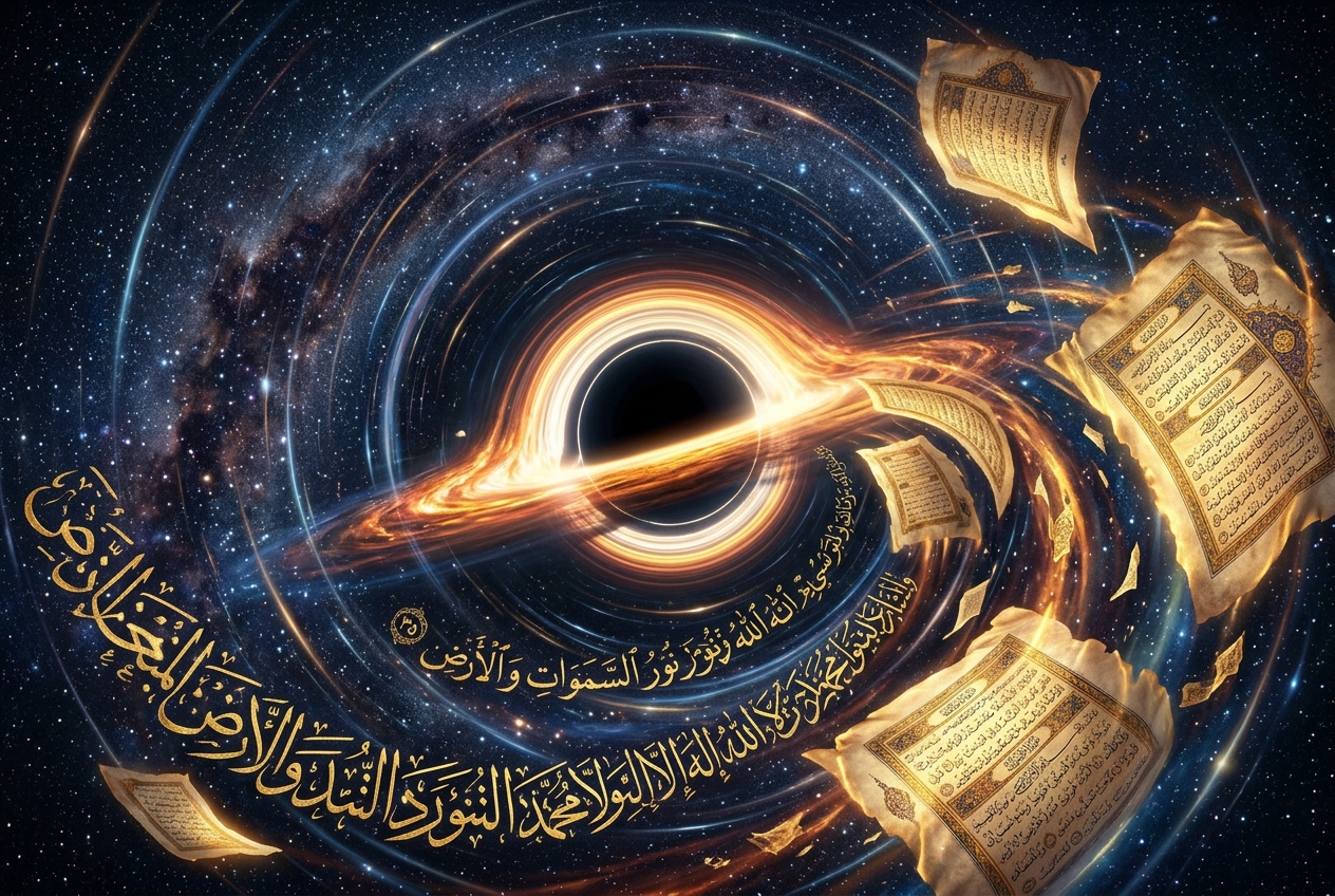 The gravitational lensing of spacetime reveals how light bends around the event horizon — reflecting Quranic descriptions of cosmic dominion