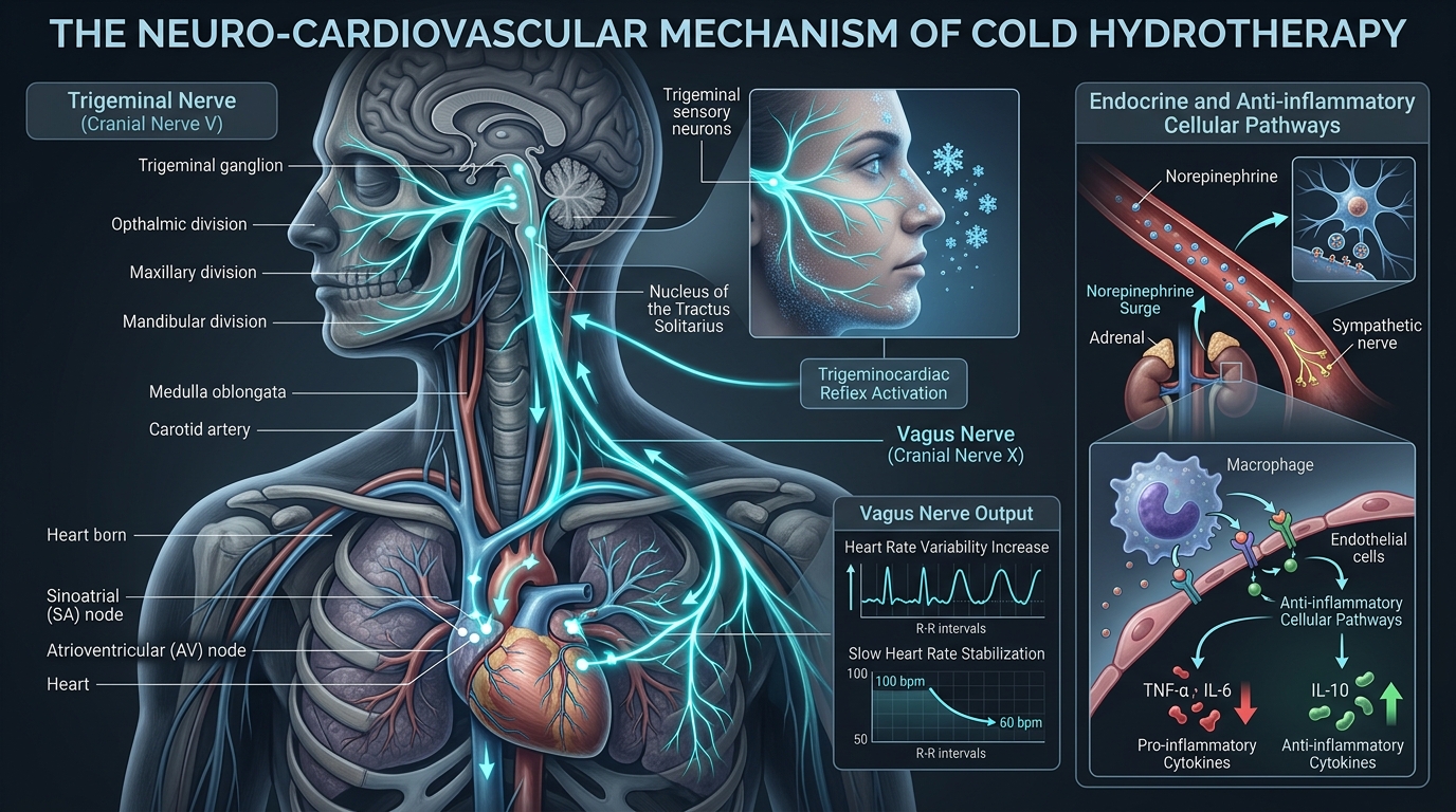 Detailed medical infographic of the neuro-cardiovascular mechanisms of cold hydrotherapy, trigeminal-vagal pathways, and cytokine reduction
