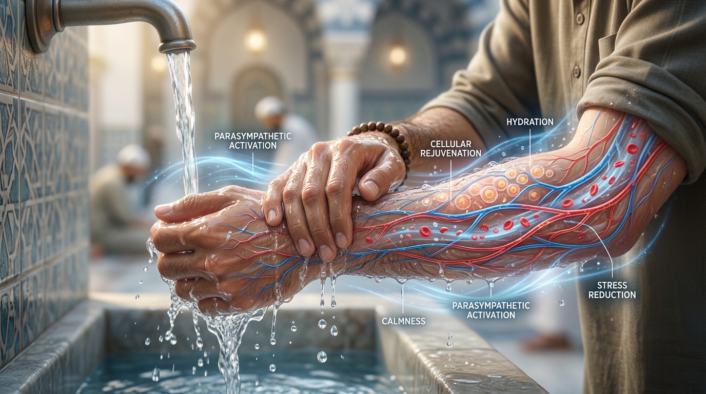 Prophetic ablution with pure water showing peripheral vascular circulation and parasympathetic nervous activation