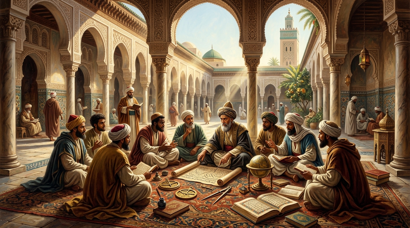 A rich historical painting of a bustling scholarly study circle (Halaqah) inside the marble columned courtyard of University of Al-Qarawiyyin