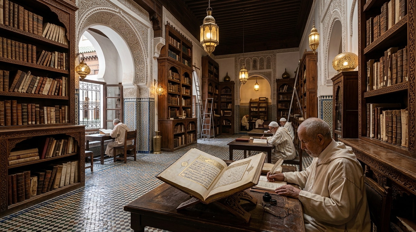 Historic 9th-century Al-Qarawiyyin manuscript library with illuminated Kufic calligraphy, ancient scrolls, and cedarwood reading stands