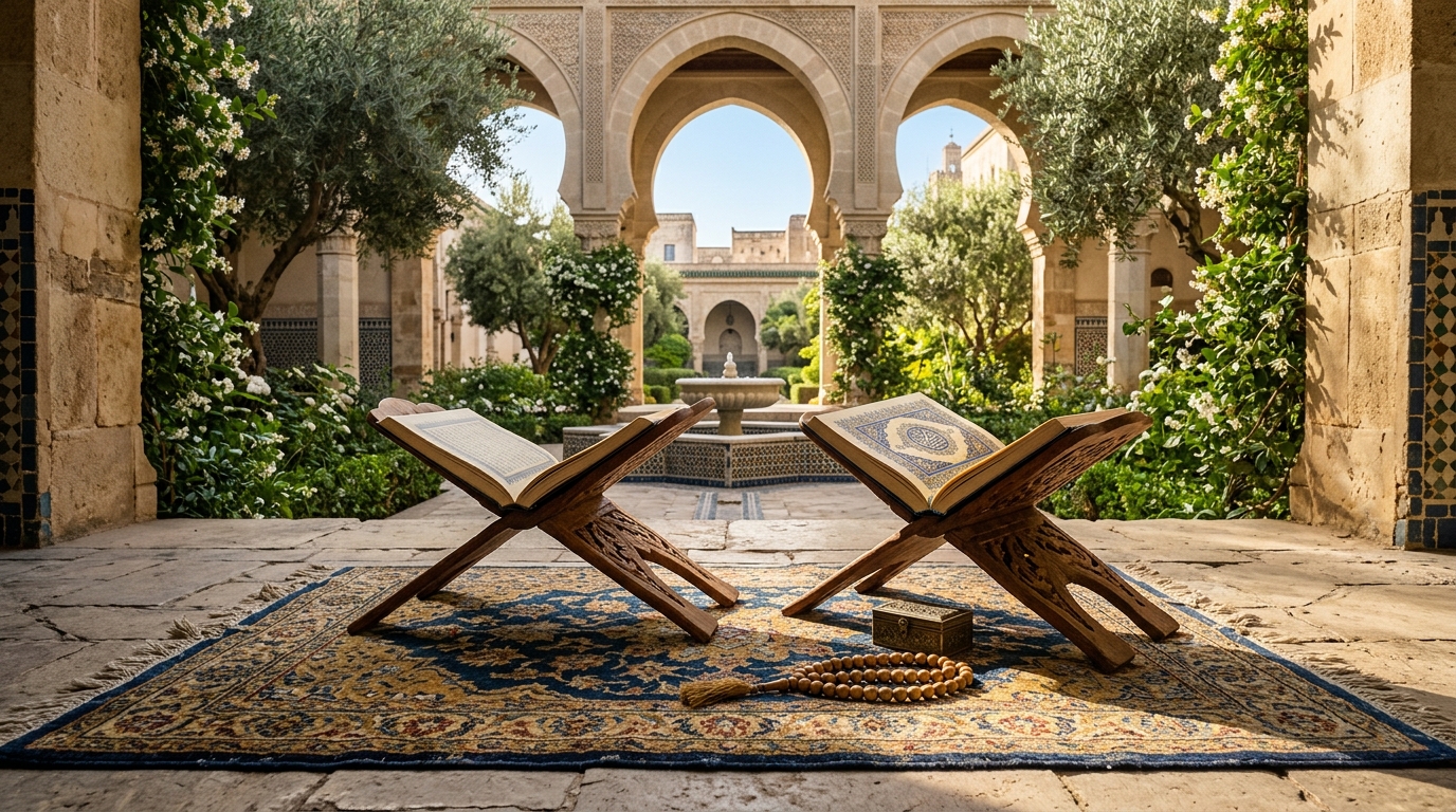 Serene morning prayer mat, Quran, and olive-wood prayer beads on a sunlit terrace