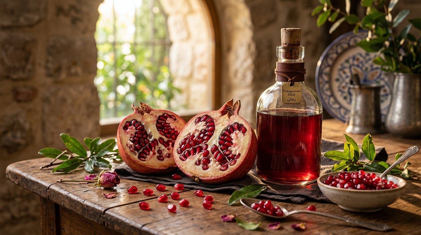 Botanical still life showing whole and split pomegranates with inner white pith, fresh arils, and cold-pressed elixir