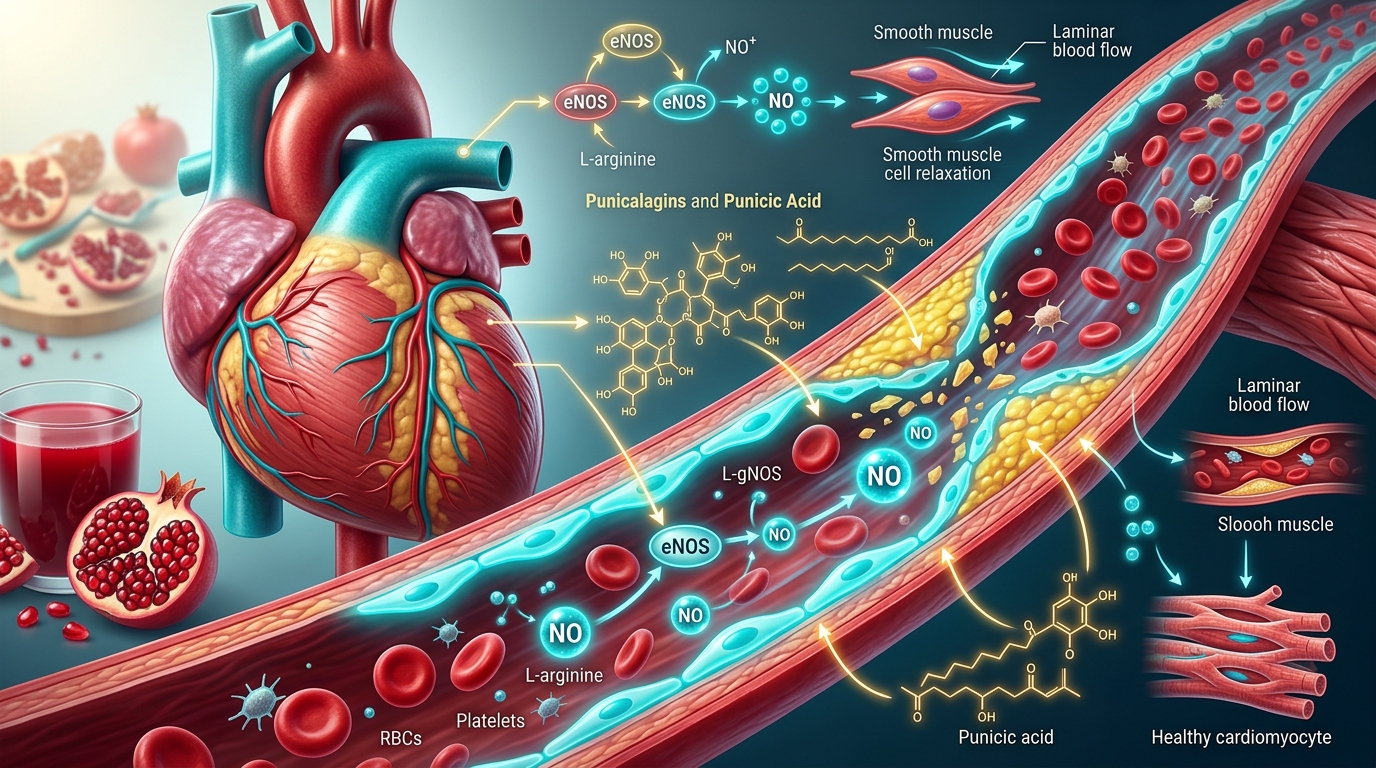 Bio-molecular pathways of pomegranate punicalagins, endothelial nitric oxide synthesis, and coronary plaque regression