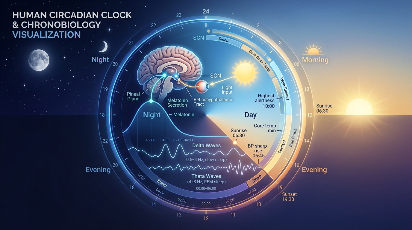 Human circadian clock, pineal melatonin synthesis, and sleep architecture waves