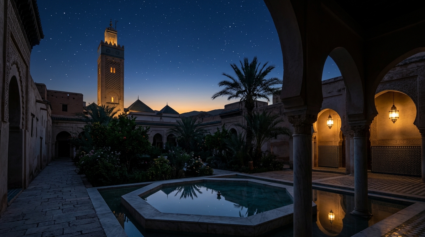 Pre-dawn courtyard during the last third of the night under starlight and lantern glow