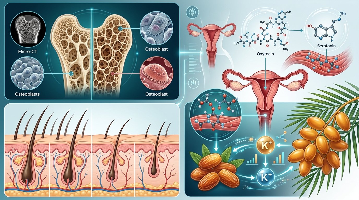Medical scientific infographic detailing bone trabeculae density, hair follicle stem cell aging, and the obstetric biochemical mechanisms of fresh dates in labor