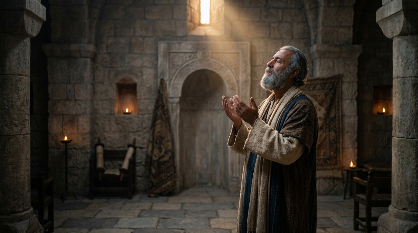 Reverent depiction of Prophet Zakariya in humble whispered supplication inside the ancient stone sanctuary of Jerusalem